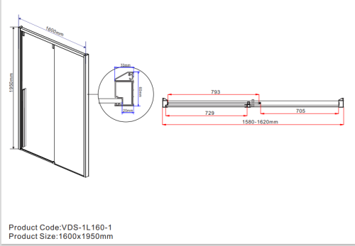 Душевая дверь Lugano VDS-1L160CL-1, 1600, хром, стекло прозрачное, , шт Vincea